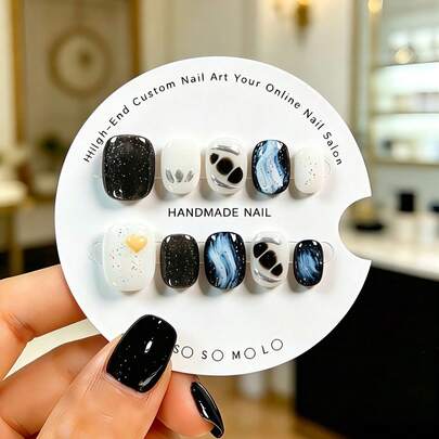 10pcs Handmade Short Oval Nail Stickers. These Nail Stickers Feature A Cool-Toned Color Palette Of Black, White, Gray, And Blue, With A Crushed Diamond Cat Eye Effect, Ink Blot Tie Dye, Heart-Shaped Accents, And A Stone-Like Texture. Versatile And Skin-Tone Coordinating, These Beautiful Nail Stickers Are Suitable For Ladies And Girls, Perfect For Parties, Weddings, And Everyday Wear, And Come With A Tool Kit.
