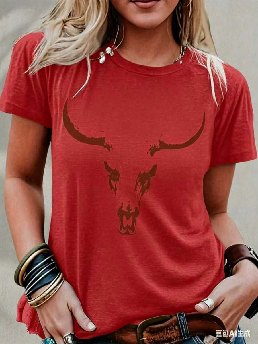 Bullhead Pattern T-Shirt - A Cutting-Edge Choice For Festival Enthusiasts And Bohemian Style Lovers - Fashionable Cowgirl Vibe - Soft Pure Cotton Material New Casual T-Shirts For Men And Women - 紅色 - 查看 1