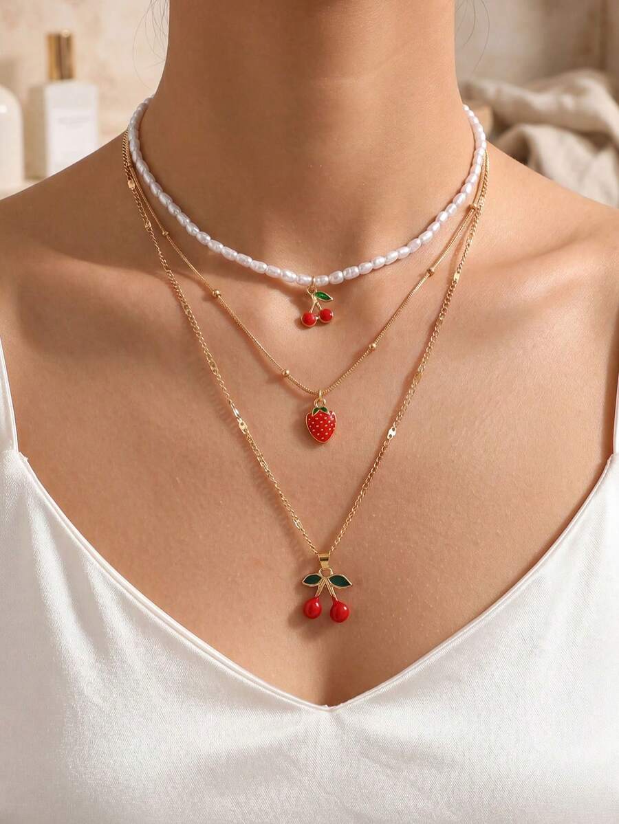 Bộ 3 chiếc vòng cổ hạt ngọc trai giả thanh lịch mùa hè, mặt dây chuyền hình dâu tây và anh đào dễ thương với hiệu ứng nhỏ giọt men, thích hợp cho nữ, đeo hàng ngày, hẹn hò, ăn tối, hình dạng và kích thước ngọc trai giả không đều ngẫu nhiên. - Nhiều màu - Xem 1