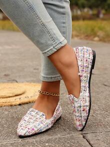 Chic Multicolor Tweed Pointed Toe Flats, Slip-On Casual Loafers, Elegant Flat Shoes For Office, Dating, Travel - 彩色 - 查看 6