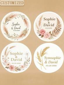 Personalized Bohemian Style Wedding Stickers, Customizable Name And Date Round Labels, Watercolor Feather Grass And Rose Design, Perfect For Wedding Favors, Envelopes And More - Multicolor - View 2