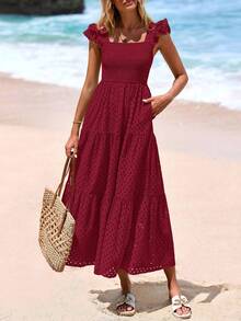 Women's Summer Square Collar Long Dress With Sleeve Cap Hole Eye Ruffles Layered A-Line Casual Vacation Long Skirt With Pockets - 酒紅色 - 查看 4
