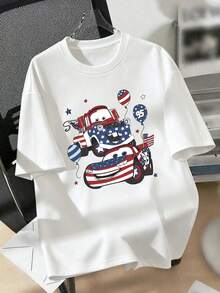 Men's Disney Cars Lightning McQueen & Mater Patriotic 4th Of July Graphic Crew Neck T-Shirt, Casual Short Sleeve Tee, USA Flag Print, Loose Fit Daily Wear Basic Top For Men - trắng - Xem 3