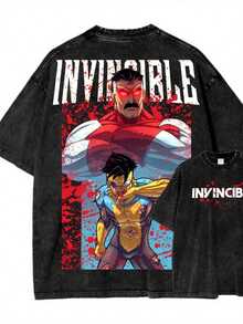 2026 Men's Washed Streetwear Brand Has Launched An Oversized T-Shirt Featuring Invincible Comic Character Designs And Text. This Casual Outfit Is An I - 黑色3 - 查看 11
