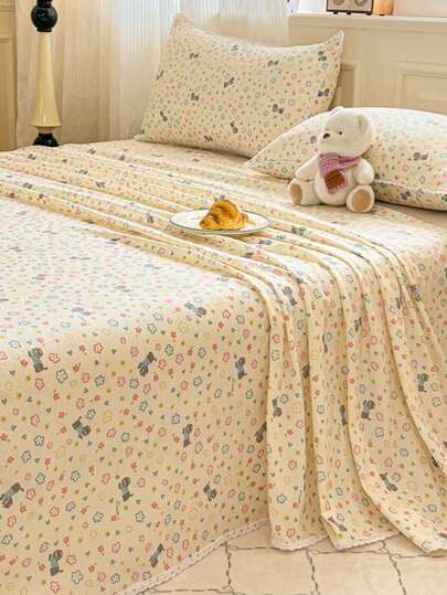 1 pieza Sábana con estampado floral de gato, piel amigable, transpirable, suave y cómoda, sin blanqueadores ópticos, adecuada para camas individuales, dobles, queen y king, esencial para el hogar y la residencia, apta para todas las estaciones