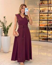 Sensorial Marrante Long Midi Dress, Sleeveless Evangelical Chemise Dress, Solid Marsala Color, For Women, Autumn, Navy Blue - Gỗ đỏ - Xem 1