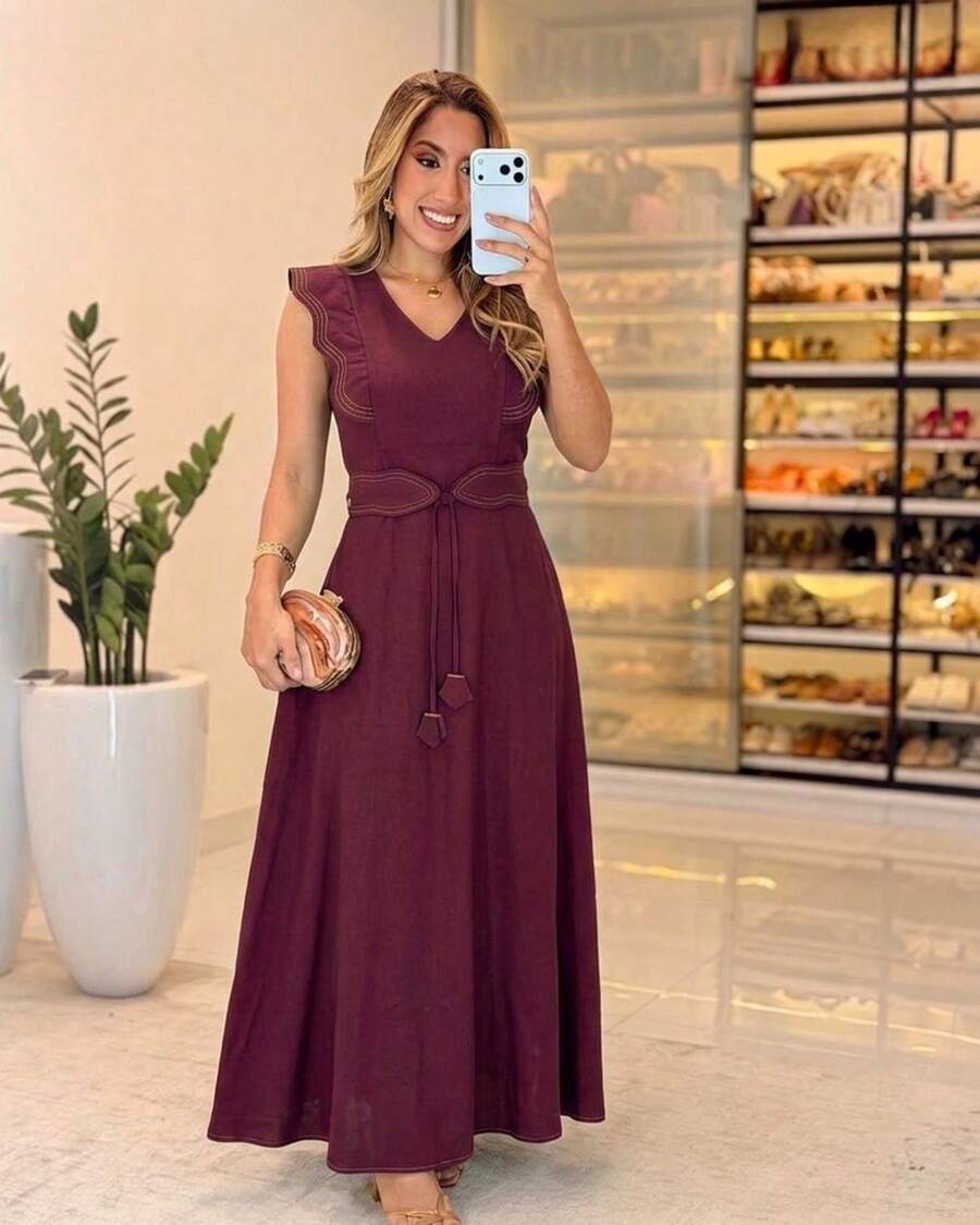 Sensorial Marrante Long Midi Dress, Sleeveless Evangelical Chemise Dress, Solid Marsala Color, For Women, Autumn, Navy Blue - Gỗ đỏ - Xem 1