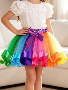 Falda tutú de color arcoíris para chicas jóvenes con decoración de lazo - Multicolor - Ver 3