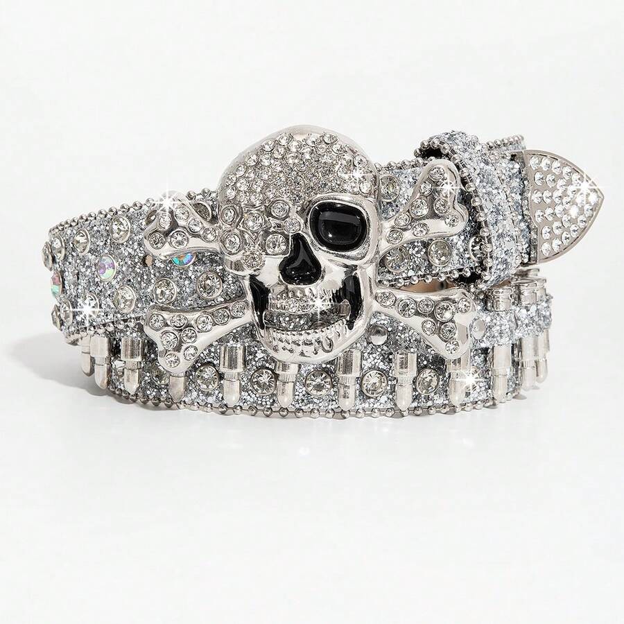 1 pieza Cinturón de jeans estilo punk rock plateado para hombres, hebilla de metal con calavera decorada con láser de strass, accesorio versátil para uso diario