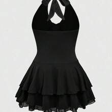 ROMWE J-Fashion Spring/Summer Plus Size Women's Punk Cross Decor Multi-Layer Halter Mini Dress - Marrón - Ver 3