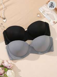 2pcs Women's Sexy Solid Color Strapless Push-Up Bra - Multicolor - View 4