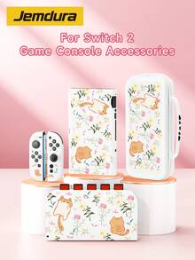 Funda protectora con diseño de gato naranja de dibujos animados y patrón floral, compatible con consola de juegos Switch/Switch 2ª generación, compatible con nueva Switch 2 (2025)/Switch OLED/Switch NS/Switch Lite, bolsa de almacenamiento, base con ranura para tarjetas, carcasa/funda protectora para consola de juegos, suave y amigable con la piel, protege tu consola favorita, el mejor regalo compatible con jugadores de Switch - Multicolor - Ver 1