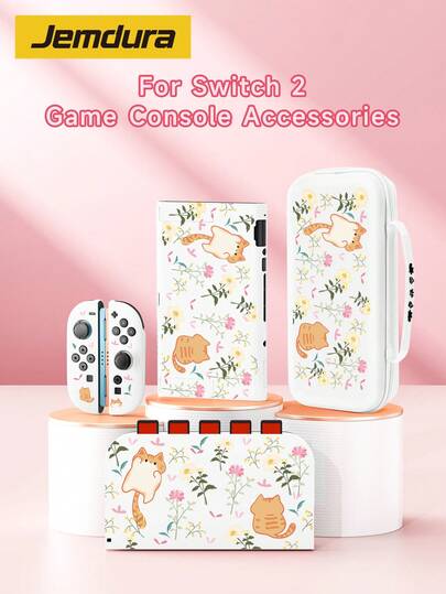 Ốp bảo vệ hình mèo cam hoạt hình, thiết kế họa tiết hoa, tương thích với máy chơi game Switch/Switch thế hệ thứ 2, phù hợp với Switch 2 (2025)/Switch OLED/Switch NS/Switch Lite, có túi đựng, khe cắm thẻ, vỏ bảo vệ máy chơi game, chất liệu mềm mại thân thiện với da, bảo vệ thiết bị yêu quý của bạn, món quà tuyệt vời dành cho người chơi Switch.