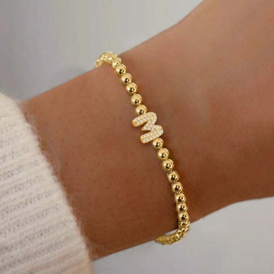 1pc Classic Simple Initial Golden Beaded Bracelets For Women - Yellow Gold - View 1