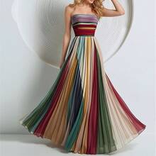 Multicolor Pleated Strapless Maxi Dress With Colorful Stripes, Summer Casual Holiday Formal Evening Dress Wedding Guest Outfit - Image Color - View 3