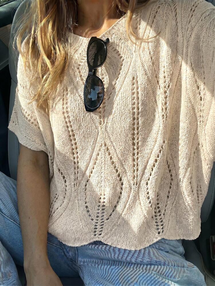 Elestia Women's New Style Hollow Off-Shoulder Half Sleeve Soft Comfortable Casual Vacation Party Holiday Going Out Loose Knit Top, Spring And Summer - Camel - View 3