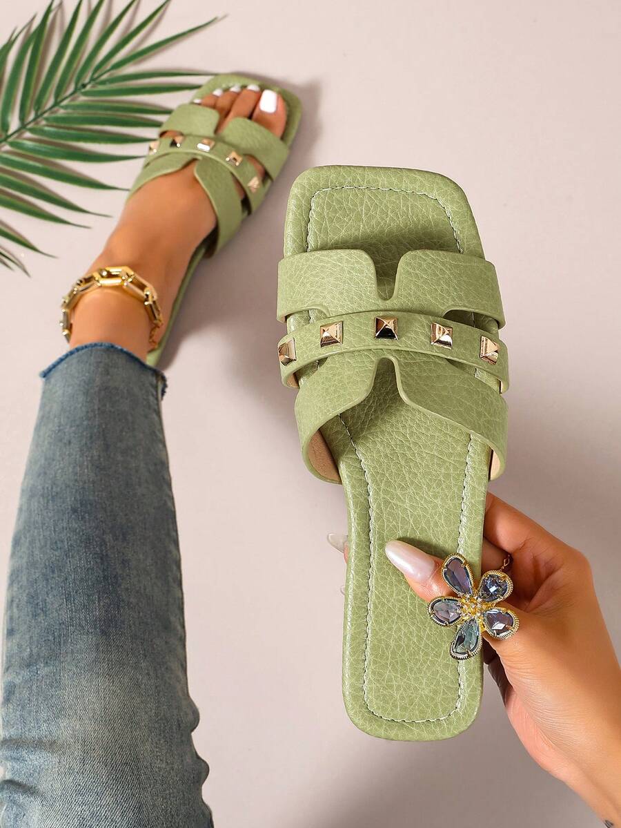 Ximi Ruo New Spring/Summer Fashion Casual Strap Slide Sandals, Comfortable Flat Heel Round Toe Beach Slippers, Versatile Slip-On Sandals For Women