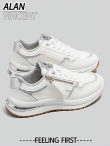 Alan Vincent[Free Return/Exchange]New Women's Casual Shoes, Fashionable Sneakers, White Shoes, Side Zipper, Lace-Up, Soft & Comfortable - White - View 1
