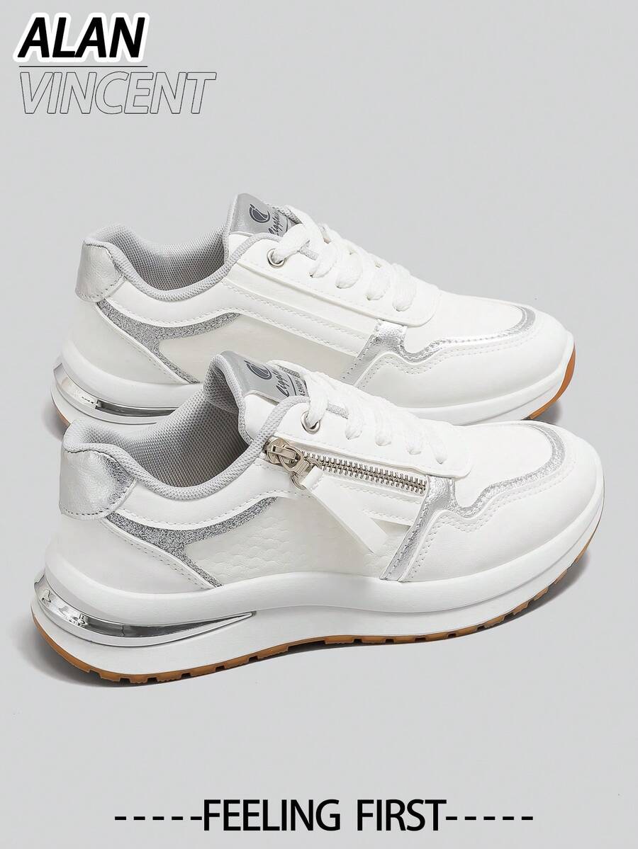 Alan Vincent[Free Return/Exchange]New Women's Casual Shoes, Fashionable Sneakers, White Shoes, Side Zipper, Lace-Up, Soft & Comfortable - White - View 1