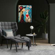 Superficie plana 2D, 1 pieza, "La chica imaginativa y el gato" envuelto en lienzo con impresión de alta calidad dentro de un marco de madera. Adecuado para decoración del hogar en sala de estar, dormitorio, cocina, oficina, pasillo. Se puede colgar directamente. Regalo ideal para amigos y familiares, Día del Padre, Día de la Madre, Halloween, Navidad, boda. - Enmarcado - Ver 2