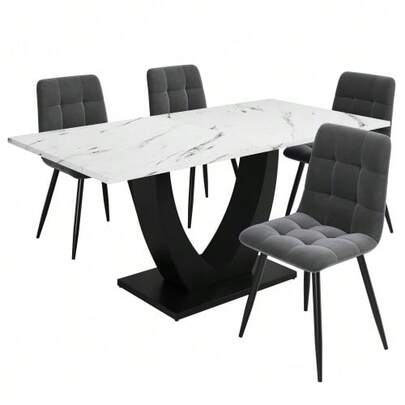 Dining Table Set (5 Pieces), Dining Table Set With 4 Chairs, Modern Kitchen Table Set, U-Shaped Design Kitchen Table, Black Legs, White Marble Top, Gray Velvet Dining Chairs