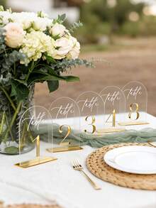 6pcs Gold Arch-Shaped Wedding Table Number Plates, Clear Acrylic Table Number Cards, Suitable For Wedding Reception Seating, Anniversary Celebration And Bridal Shower, Elegant Wedding Decor, Graduation Ceremony, Party Decoration, Bachelorette Party, Wedding Signage, Dinner Table Cards, Wedding Reception Table Decor - A - View 7