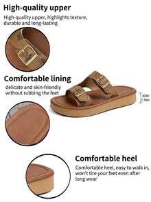 New Thick Platform Wedge Sandals, Double Strap Slides, Chunky Sole Slippers, Metal Buckle Decor, Women Thick Sole Soft Outdoor Versatile Sandals - Brown - View 10