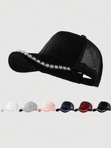 1pc Y2K Style Rhinestone Embellished Retro Baseball Cap, Unisex Adjustable Classic Low Profile Solid Color Hat, Suitable For Outdoor, Golf, Summer, Casual Wear, Perfect Gift - Baseball Cap - View 1