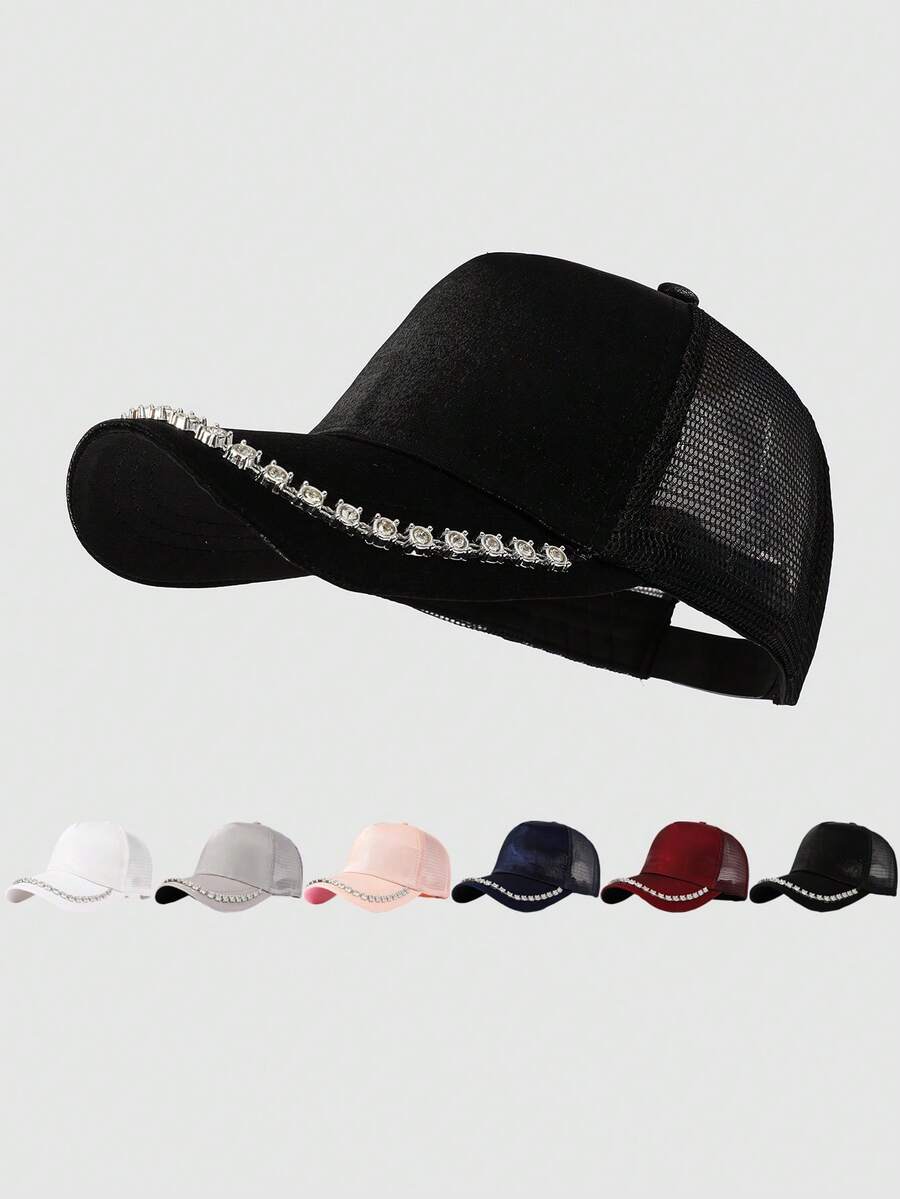 1pc Y2K Style Rhinestone Embellished Retro Baseball Cap, Unisex Adjustable Classic Low Profile Solid Color Hat, Suitable For Outdoor, Golf, Summer, Casual Wear, Perfect Gift - Baseball Cap - View 1