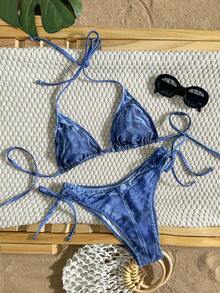 Bộ bikini buộc dây hở lưng in họa tiết denim dành cho nữ, đồ bơi thường ngày co giãn tốt. - Nhiều màu - Xem 2