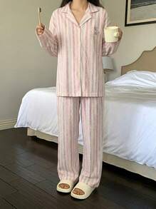DAZY 2 Stücke Damen Pyjama Set, Cardiganjacke mit Kragen und V-Ausschnitt, Langarm Top mit buntem gestreiftem Hunde-Muster, Hose mit durchgehendem süßem Cartoon-Muster, bequem & modisch für Zuhause & Lässig, geeignet für Frühling, Herbst & Winter - Verschiedenfarbig - Übersicht 4
