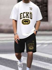 Men's ECKO Casual 2 Piece Shorts Set, Graphic T Shirt And Shorts Outfit, Summer Streetwear, Athletic Matching Set, Breathable Soft Fabric, Sports Tracksuit, Fashion Outfit, Ideal For Gym, Running, Training, Travel Vacation, Beach - 2W - 查看 1