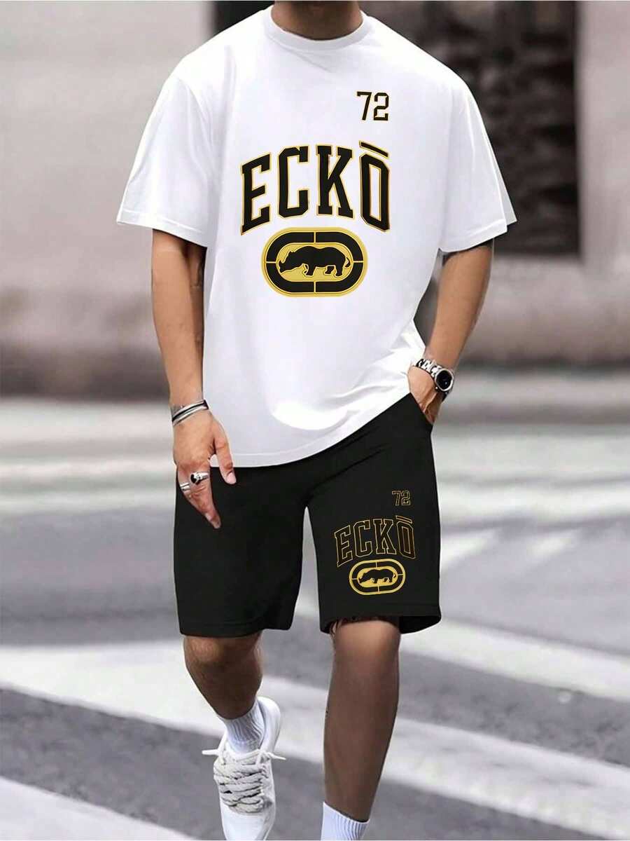Men's ECKO Casual 2 Piece Shorts Set, Graphic T Shirt And Shorts Outfit, Summer Streetwear, Athletic Matching Set, Breathable Soft Fabric, Sports Tracksuit, Fashion Outfit, Ideal For Gym, Running, Training, Travel Vacation, Beach - 2W - 查看 1