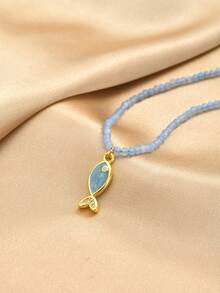 1pc Blue, Pink, Light Blue, White Colorful Turquoise Beaded Stainless Steel Chain Ocean Element Heart Pendant Necklace For Women, Summer Jewelry - Multicolor - View 17