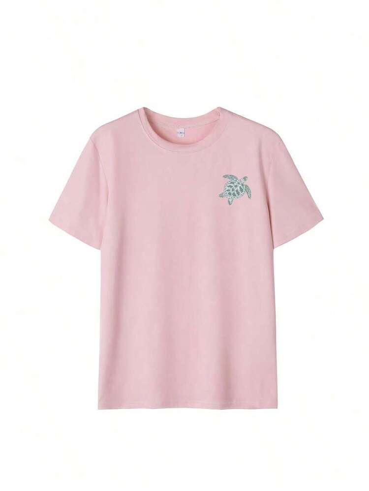 Women's Round Neck T-Shirt With Sea Creature Print And Lettering For Summer Vacation, Graphic Tee, White, Black, Pink Casual - Baby Pink - View 5