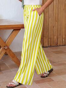 Women's Casual Striped Straight Loose Pants For Summer, Suitable For Daily Wear & Vacation - Fluorescent Yellow - View 4