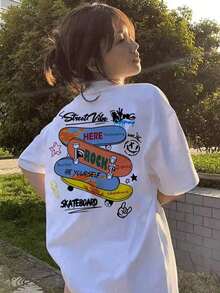 Camiseta de manga corta estilo japonés para mujer, corte holgado, cuello redondo, informal, versátil, con estampado de letras y patinetas, primavera/verano - Blanco - Ver 1