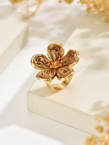 1pc Pastoral Fresh Style Raffia Flower Open Ring, Women's Versatile Khaki Jewelry For Travel And Commute - Khaki - View 4