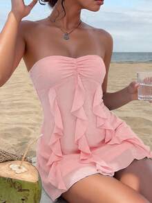 SUNSTORY Women's Summer Casual Solid Color Sexy Ruffle Hem Tube Dress, Suitable For Beach, Wedding, Vacation, Party, Daily Wear, Birthday Party, Date, Garden - Pink - View 7