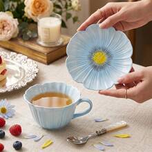 10oz Hand-Painted Petal-Shaped Ceramic Cup And Saucer Set For Cappuccino - Includes Saucer And Cup - Suitable For Specialty Coffee Drinks, Cappuccino, Latte, Americano, And Tea - Two-Piece Set, Microwave And Dishwasher . Blue - Màu xanh nhạt - Xem 3