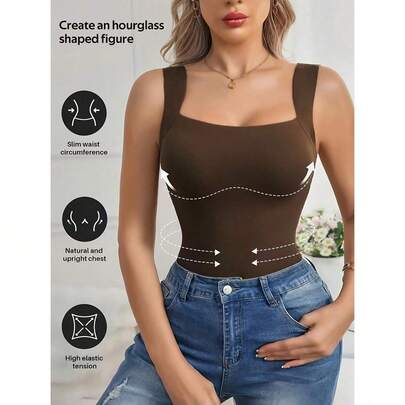 1pc Women Compression Camisole, Sleeveless Comfortable Shapewear, Fitness Crop Top With Waist Trainer, Slim Fit 2-In-1 With Padded Bra, Solid