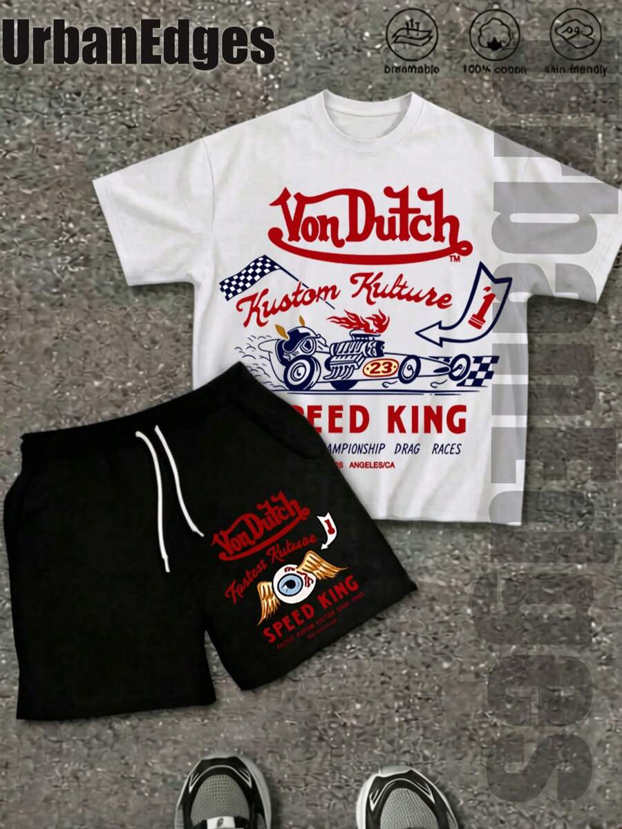 Best Pairings For The New 2026 Models Men Fashion Crewneck Casual Pure Cotton White T Shirt Shorts Set Material Pure Cotton Print Pattern And Text Speed Retro Street Style Loose Fit High Quality Promotion Machine Washable Comfortable For Spring Summer Autumn Winter - White - View 1