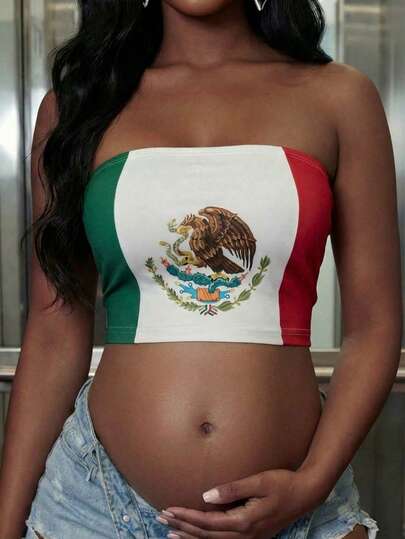 Pregnant Women's Strapless Backless Cropped Top, Mexico Flag Print, Maternity Clothing, Summer & Spring