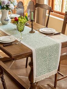 1pc Waterproof Table Runner With Tassel Decor, Suitable For Home, Party, Hotel, Restaurant Table Decoration - Green - View 6