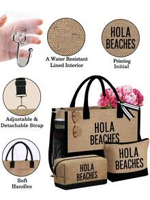 大容量女士沙滩手提包，带围巾和侧袋，2个便携式化妆包，“HOLA BEACHES”印花，可重复使用的旅行购物袋和化妆包，时尚太阳镜，草编遮阳帽，节日礼品袋，非常适合度假，也适合婚礼、生日、节日、母亲节、教师节等场合，是送给女士、母亲、老师、朋友、伴娘、学生的绝佳礼物。 - 彩色 - 查看 6