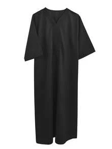 Bata de manga corta bordada marroquí para hombres con bolsillos laterales, bata casual de casa islámica para hombres, bata de Ramadán para hombres - Negro - Ver 2