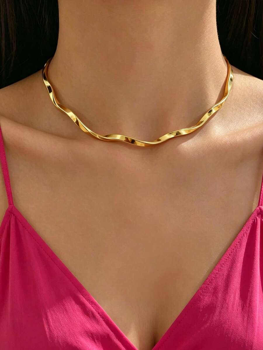 1 buah Kalung Mobius Bergelombang Emas Minimalis, Perhiasan Kalung Kerah Unisex, Cocok untuk Musim Panas, Pesta, dan Pakaian Pantai - Emas - View 1
