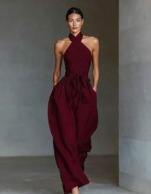 2026 New Women's Lace-Up Linen Fabric Cross-Strap Wide-Leg Jumpsuit Casual Loose Fit High Waist Romper For Summer Beach Party - 粉紅色 - 查看 8