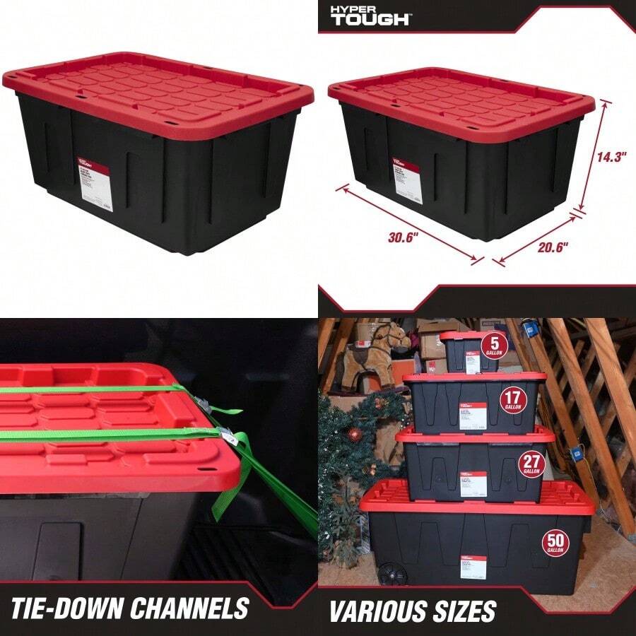 2 N Large Sge Bin Ih Sn Lid, Black And Red, Heavy Duy Plas Sge Conainer - 27加侖 - 查看 1