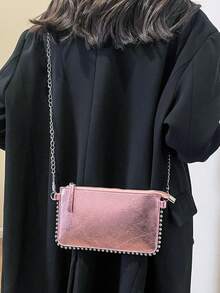 Metallic Pink Envelope Crossbody Bag, Silver Studded & Detachable Chain Strap, Zipper PU Leather Clutch Purse, Y2K Punk Style For Daily & Night Out - Pink - View 3